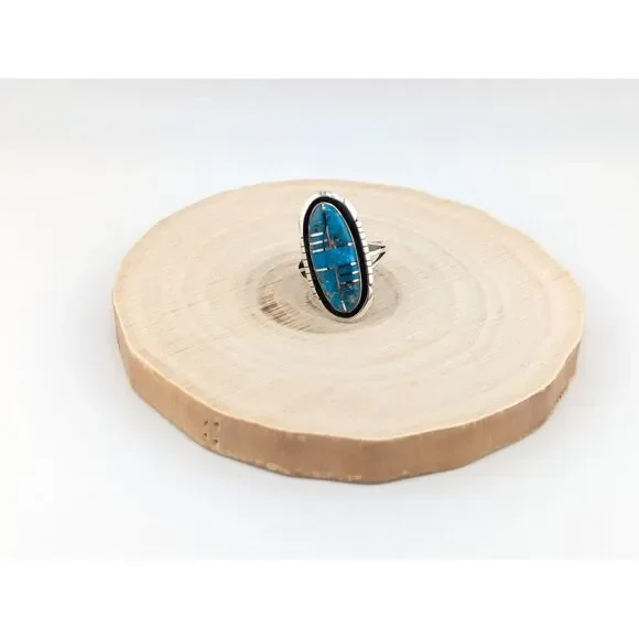 Navajo Ring Inlay Kingman Turquoise Tri-Cut Border Sterling‎ Sz 9.5**